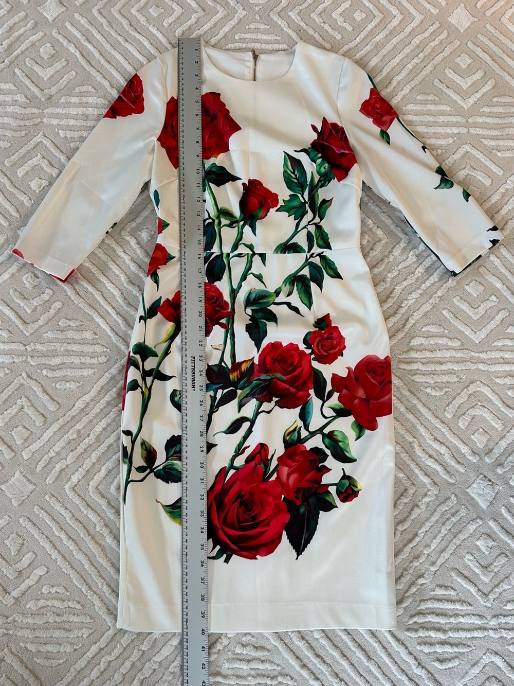 White Sheath Dress Red Rose Print Elegant Floral Midi - Designer Inspired - Picture 16 of 16